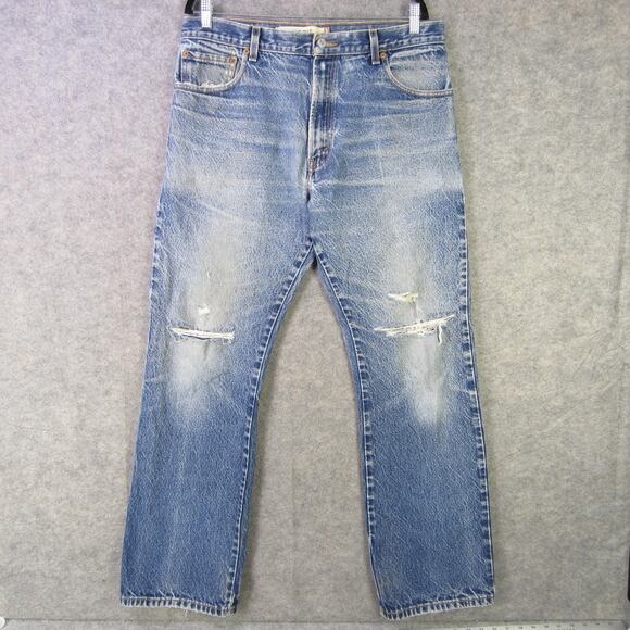Levis 517 Jeans Mens 36x32 Blue Boot Cut Distressed Ripped Knees Denim Faded - Picture 1 of 10